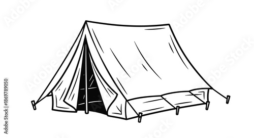 Classic A-frame camping tent with an open entrance flap showing a dark interior depicted in a simple line drawing.