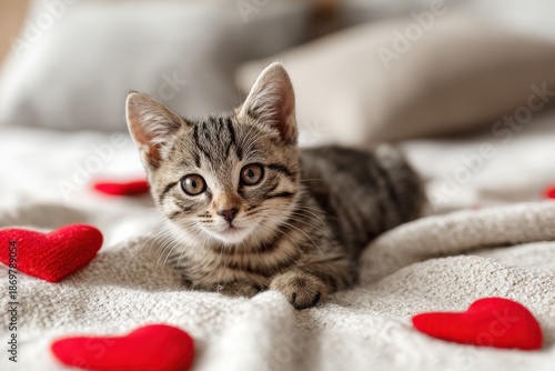 Adorable Cat Playing Red Hearts Valentine Day Celebration