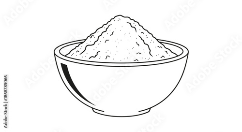 Simple ceramic bowl filled with a mound of fine white powder or grain like flour or sugar in an outline drawing.