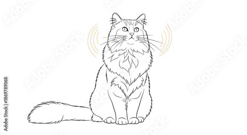 Fluffy long-haired domestic cat sitting and looking up with abstract sound wave lines near its ears in a sketch.