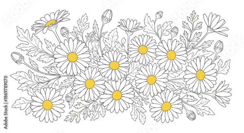 Dense bouquet of hand-drawn daisies with yellow centers and detailed white petals and leaves in a floral pattern.