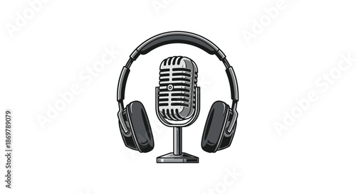 Professional studio microphone equipment surrounded by large headphones in a detailed grayscale graphic design.