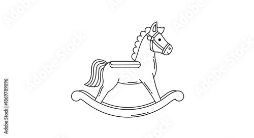 Traditional wooden rocking horse toy for children is illustrated in a clean and simple black and white line art style on white.