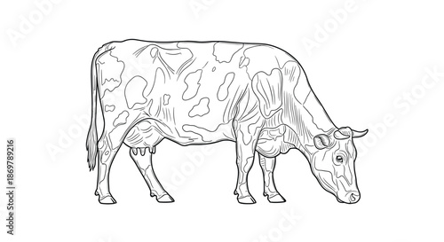 Realistic sketch of a dairy cow grazing reveals its spotted coat pattern in a highly detailed hand drawn animal illustration.