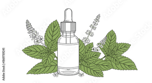 Small glass bottle with a pipette contains organic essential mint oil surrounded by fresh green leaves and tiny white flowers.