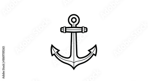 Heavy metal ship anchor with a cross bar and sharp flukes is depicted in a bold black and white graphic symbol for marine themes.