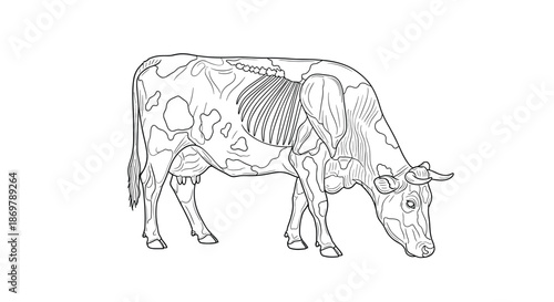 Scientific diagram of a dairy cow highlights the internal muscular and skeletal structure in a detailed black and white sketch art.