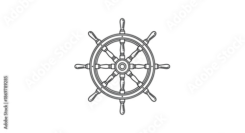 Traditional wooden ship steering wheel is rendered in clear black line art ideal for various maritime or nautical theme designs.