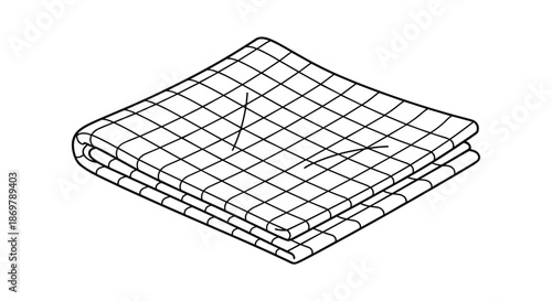 Perspective view of a folded checkered blanket or cloth shows the grid pattern and thick fabric texture in a simple line drawing.
