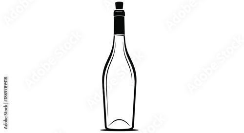 Minimalist black silhouette of a slender wine bottle with its cork provides a classic and recognizable symbol for bars and wineries.