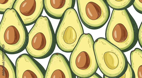 Seamless pattern of sliced avocados with their pits intact creates a healthy and vibrant food-themed design for various applications.