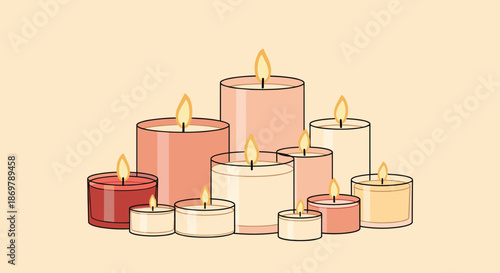 Group of scented candles in various glass jars and sizes burn with a warm glow providing a cozy and relaxing ambient light.