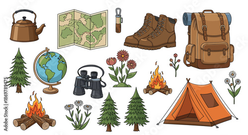 Diverse collection of camping and adventure icons includes a tent, hiking boots, binoculars, and a campfire for outdoor travel themes.