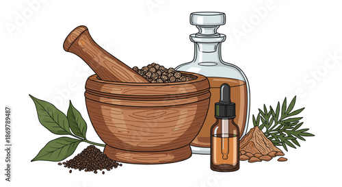 Holistic medicine arrangement features a wooden mortar and pestle along with essential oils and various seeds for herbal healing.