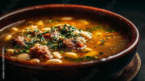 Chorizo soup with white beans and herbs, clear broth, rustic bowl, dark background, moody lighting