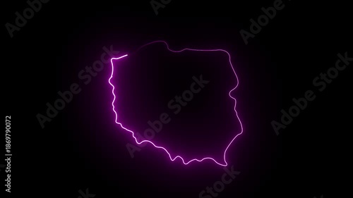  This video neon glowing Poland map animated. Glowing neon Poland map, black Background Effect 4K Video.