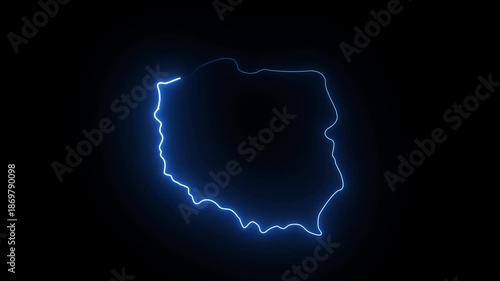  This video neon glowing Poland map animated. Glowing neon Poland map, black Background Effect 4K Video.