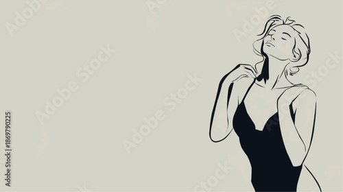 Minimal vector silhouette of elegant woman adjusting swimsuit strap. Fashion detail concept for summer, beachwear or lingerie branding with copy space on light background