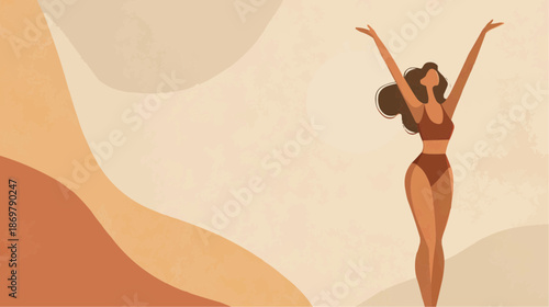 Minimalist vector illustration of a woman with arms raised against an abstract, warm-toned background with copy space. Concept of freedom and wellness. 