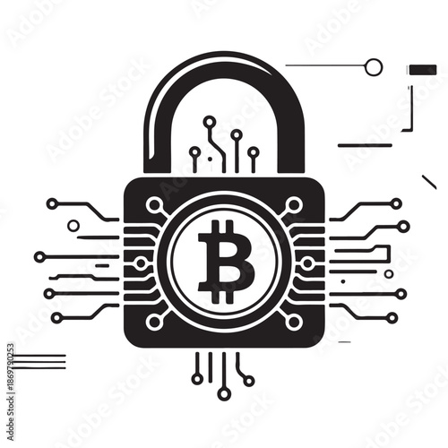 Bitcoin Security Concept in Vector, Featuring Padlock and Circuit Board Design Symbolizing Secure Cryptocurrency Transactions and Blockchain Technology