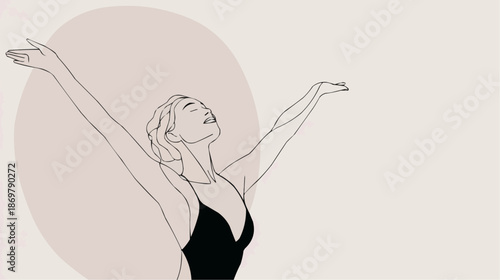 Minimal vector silhouette of elegant woman stretching arms upward in swimsuit. Confidence and freedom concept for wellness, yoga or summer branding with copy space.