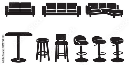Modern silhouette furniture set featuring sofas, bar stools, and a high table for interior design