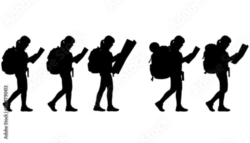 Woman Tourist Navigating with Map Silhouette