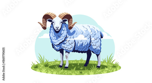 Creative illustration of a fluffy blue ram with large curved horns standing in a green grassy field under a sunny sky.