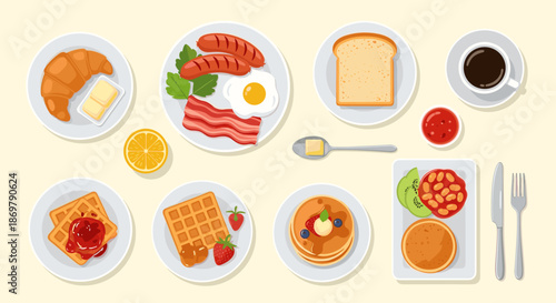 Variety of breakfast foods including eggs, sausages, waffles, pancakes, fruit, and coffee viewed from above for menu design.