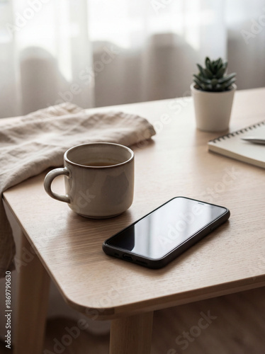 Minimalist Morning Coffee and Smartphone on Wooden Table