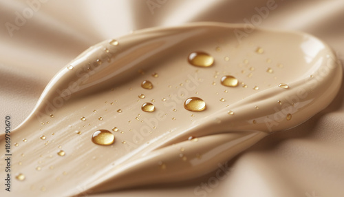 Beige cosmetic cream texture with gold oil drops for skincare background