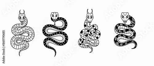 Group of coiled snake silhouettes with horns
