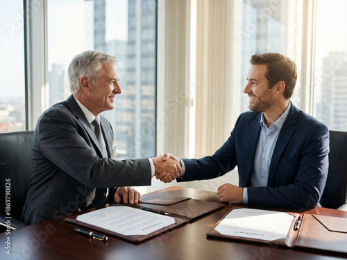 Wallpaper Mural Senior executive and young partner shaking hands over signed contracts in a sunny high-rise office, celebrating a successful business deal and partnership. Torontodigital.ca