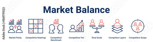 Market Balance web banner icon vector illustration concept for business with icon of Market Parity, Competitive Heatmap, Competitive Benchmark, Competitive Tier, Rival Scale, Competitor Layers.