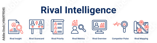 Rival Intelligence web banner icon vector illustration concept for business with icon of Rival Insight, Rival Scorecard, Rival Priority, Rival Metrics, Rival Overview, Competitor Pulse.