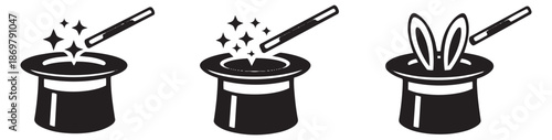 Simple line art magic trick icons set featuring magic wands, top hats, sparkles, and rabbit ears for celebration and entertainment themes