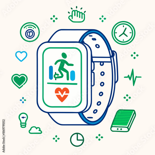 Smartwatch with fitness tracker and health icons around it