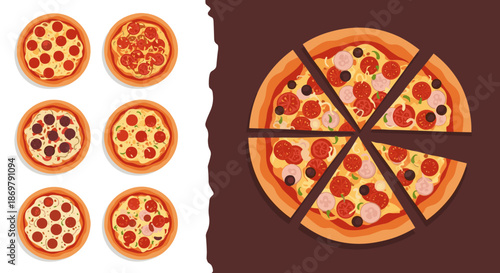 Assorted pizza varieties shown as whole pies and individual slices with various toppings like pepperoni, vegetables, and olives on dark background.