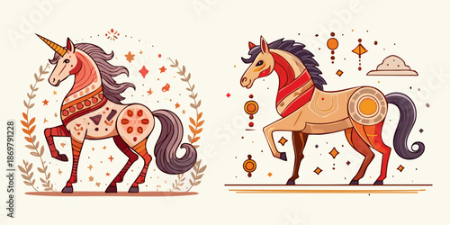 Mythical Creatures: Two elegant unicorn and horse illustrations are rendered in a minimalist style, creating a harmonious and enchanting display.  Zodiac horse symbol.
