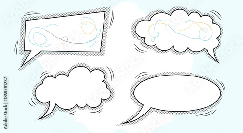 Set of classic comic book style speech and thought bubbles with halftone shadows and colorful scribbles for creative graphic design elements.