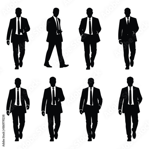 Silhouetted businessmen walking in various poses on a white background