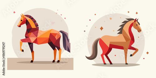 Geometric Horse Illustrations: Two vibrant geometric illustrations of horses showcase a modern artistic style with their clean lines and vivid colors. Zodiac horse symbol.