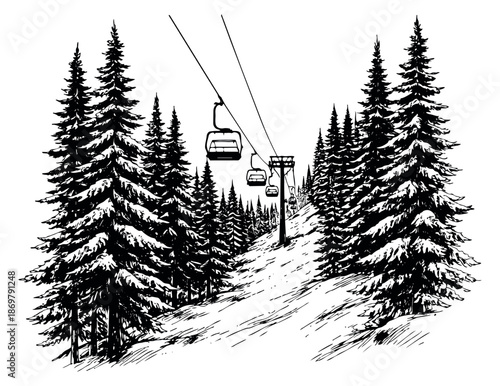 Hand drawn line art illustration of a winter mountain landscape depicting a ski slope with pine trees and a ski lift for winter sports and holidays
