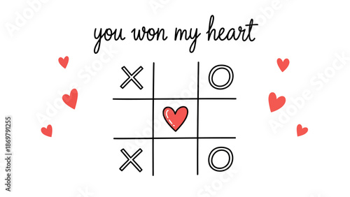 Valentine Tic Tac Toe with Heart in the Center and X O Symbols – Cute Love Vector Illustration