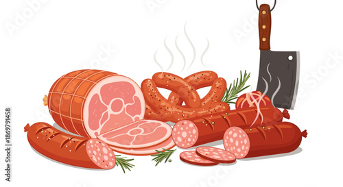 Selection of gourmet processed meat products including large ham, various sausages, pepperoni slices, and a heavy cleaver for butcher themes.