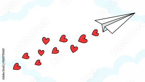 Paper Airplane with Hearts Flying Through the Clouds - Valentine's Day Concep