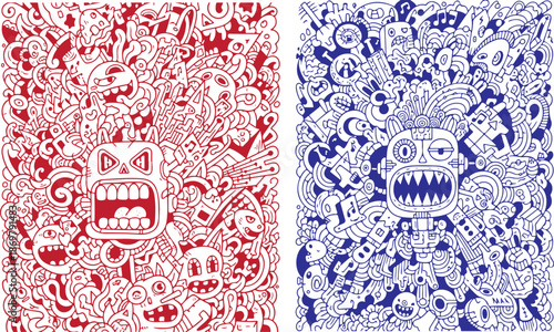 Abstract digital artwork featuring two contrasting stylized monster faces rendered in densely packed red and blue pixelated doodle patterns on transparent background. on transparent background