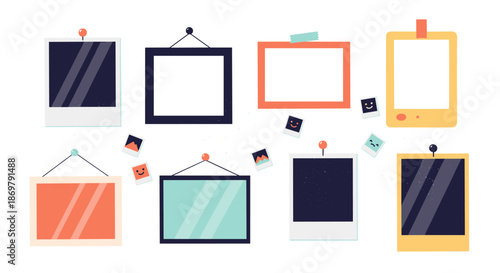 Creative layout of various empty photo frames and polaroid snapshots pinned or taped to a wall for memory and photography related designs.