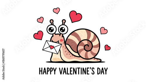 Cute Snail Holding Love Letter with Hearts, Valentine’s Day Cartoon Illustration