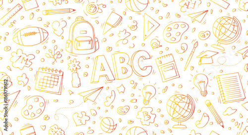 Detailed illustration featuring various doodle icons representing fundamental school supplies and educational concepts in a seamless pattern on transparent background